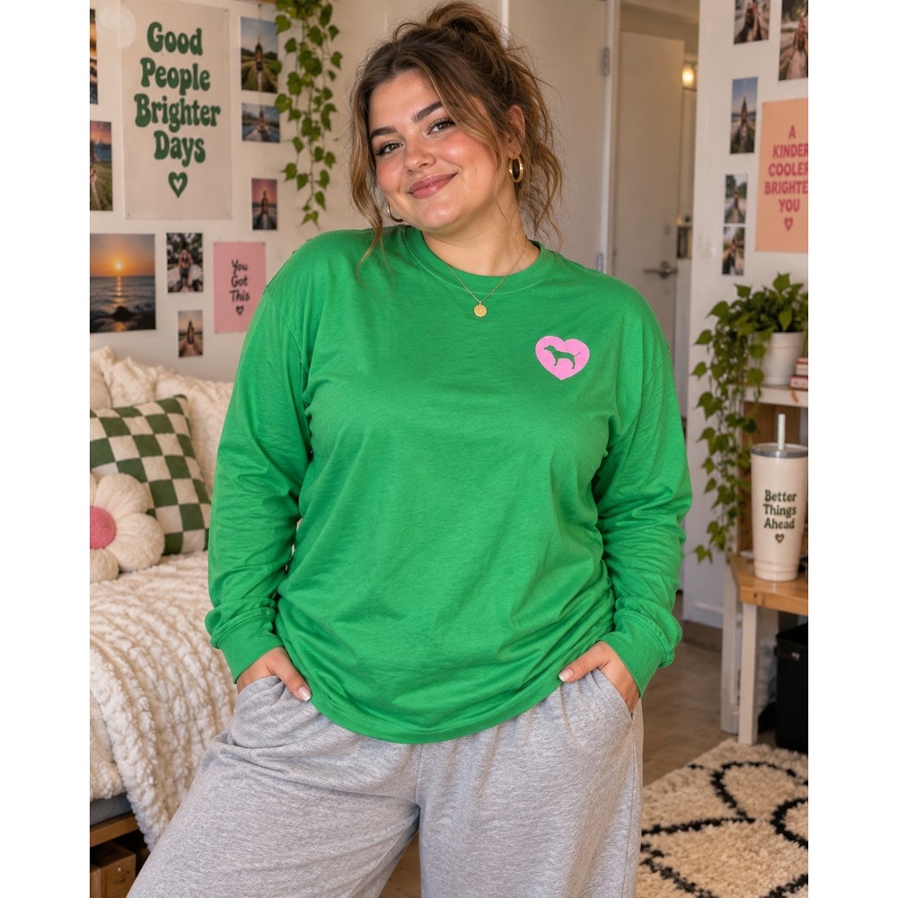 545. Victoria's Secret PINK Originals Green Long Sleeve Heart Logo L NWT